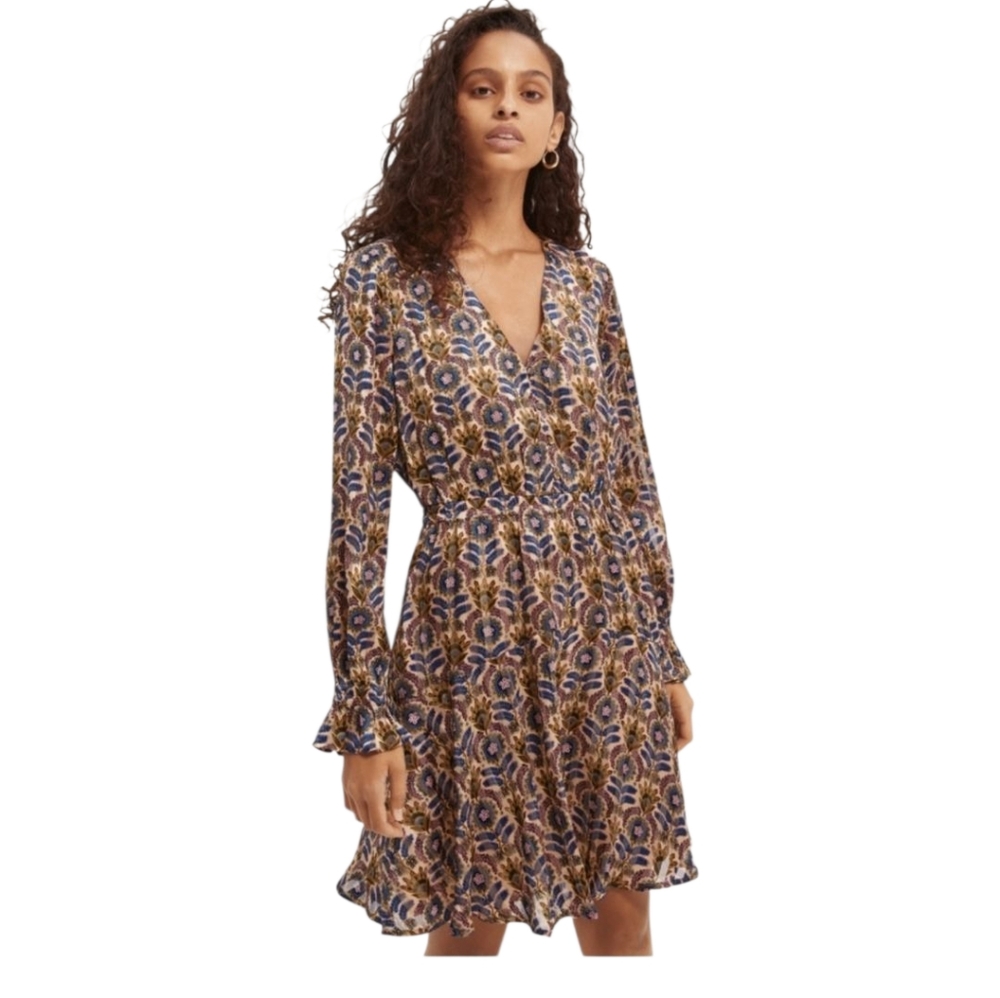 NWOT Scotch & Soda Dress XS Mini Long Sleeve Printed Multicolored Vneck Floral